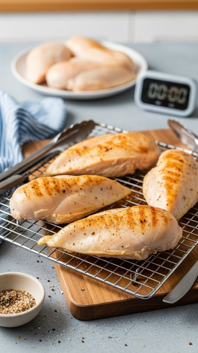 Cooked Frozen Chicken Breasts On A Cooling Rack With Seasoning, Tongs, And A Timer, Showcasing Easy Pressure Cooker Meals.
