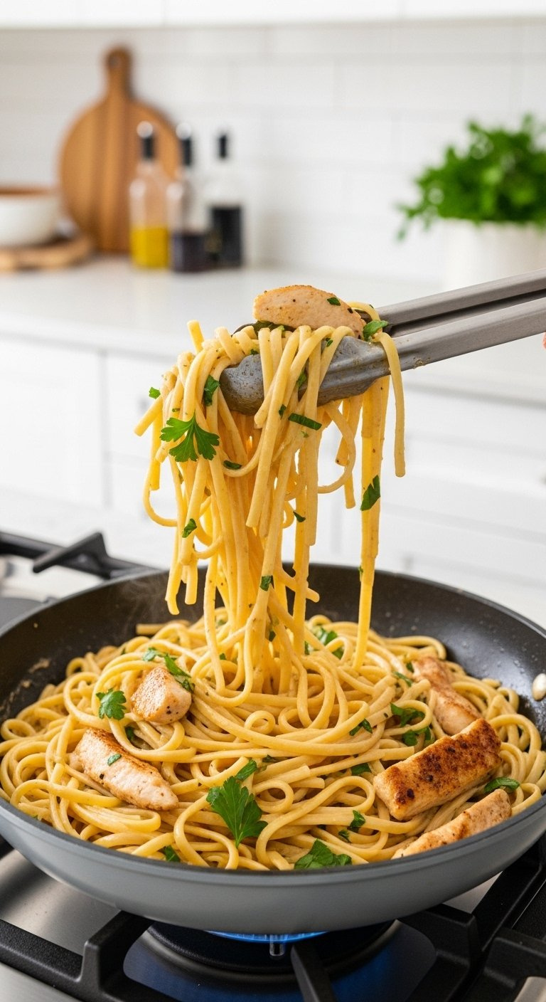 Cooked Linguine And Seared Chicken Being Tossed Together In A Creamy Cowboy Butter Sauce.