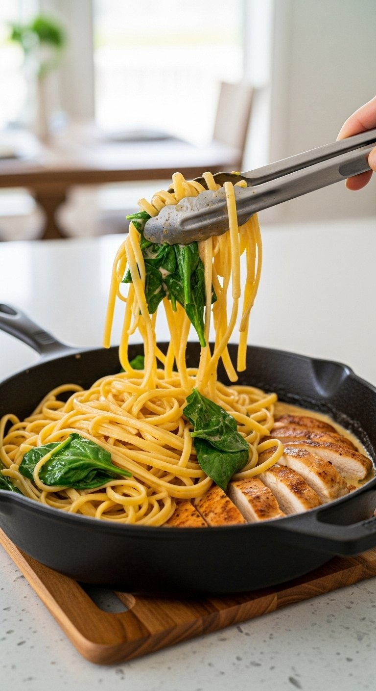 Cooked Linguine And Seared Chicken Tossed In A Glossy Creamy Sauce Inside A Cast Iron Skillet On A Wooden Trivet.
