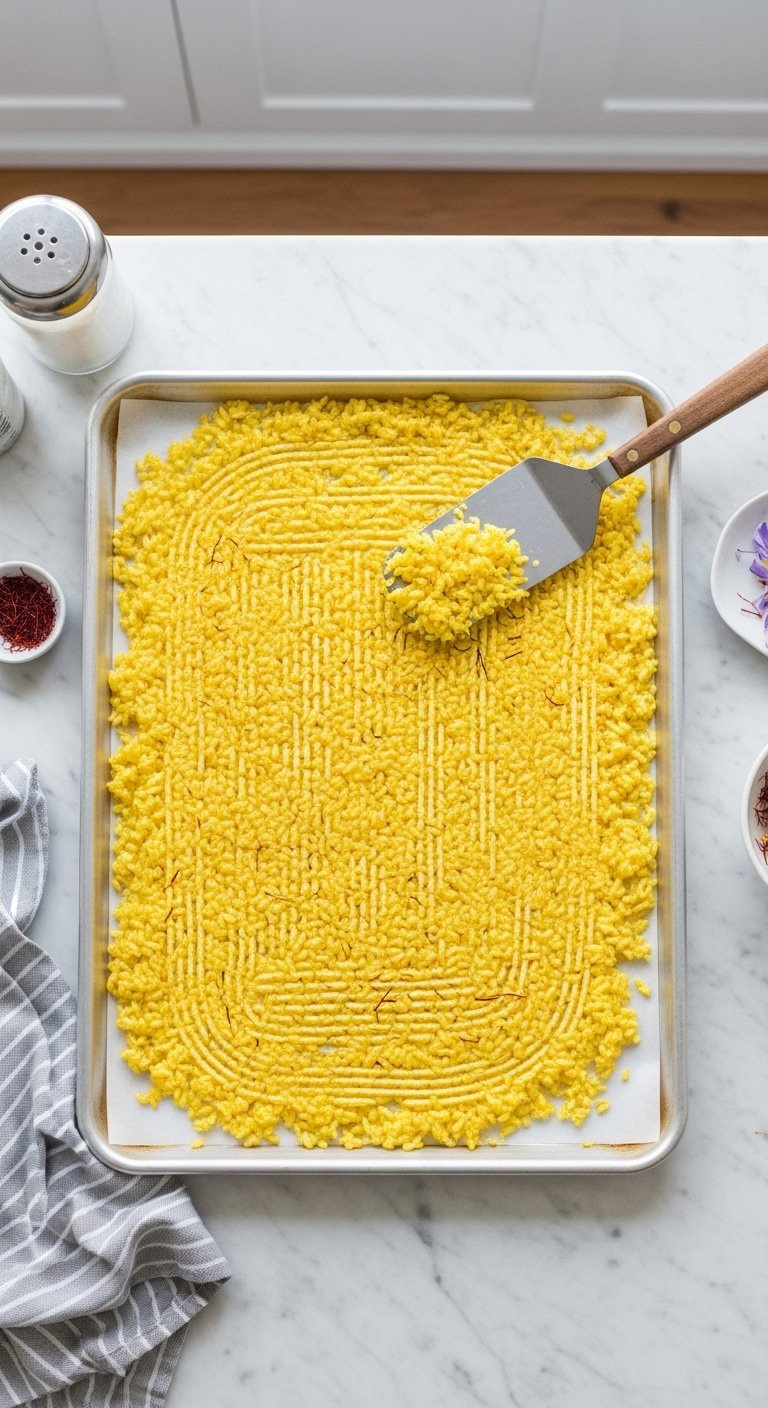 Cooked Saffron Rice Cools Evenly Spread On A Large Baking Sheet Over A White Marble Countertop.