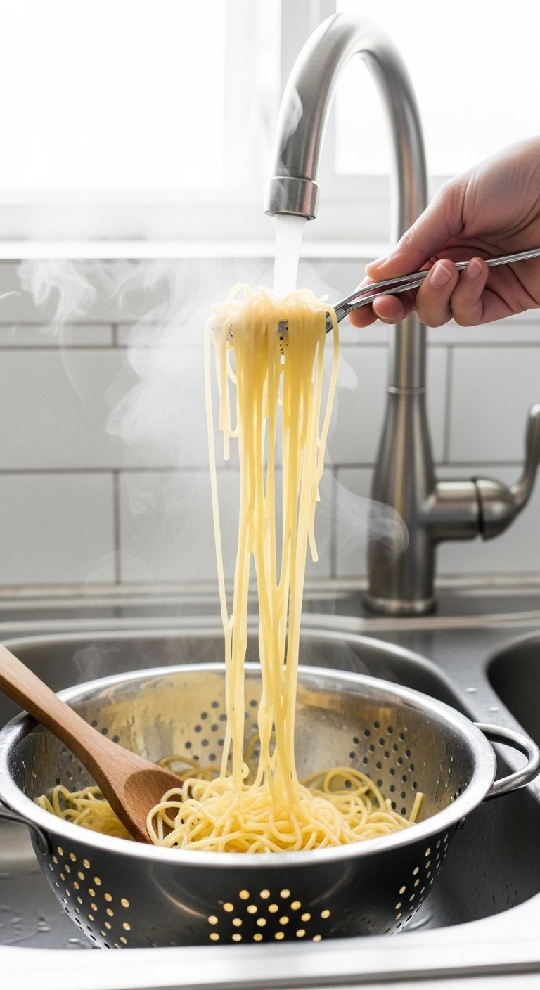 Cooked Spaghetti Draining In A Stainless Steel Colander With Steam Rising In A Kitchen Sink.