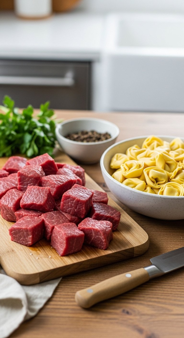 Cooked Tortellini And Seared Steak Being Tossed In A Creamy Spinach Sauce With A Wooden Spoon.