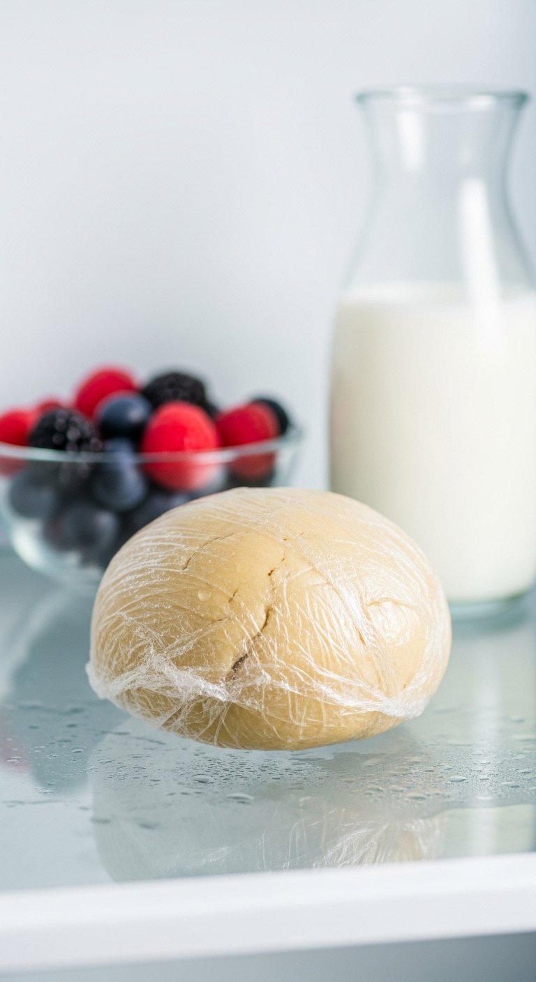 Cookie Dough Ball Wrapped In Plastic Wrap Resting On A Refrigerator Shelf With Condensation Details.