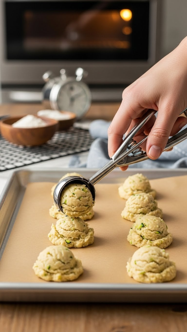 Cookie Dough Being Scooped Onto Parchment-Lined Baking Sheet With Stainless Steel Scoop Creating Uniform Mounds For Baking.