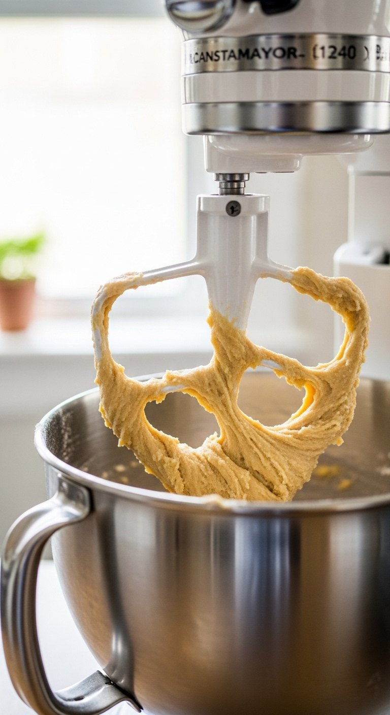 Cookie Dough Mixing In A Stand Mixer Bowl With Visible Flour Streaks And The Paddle Attachment In A Soft Natural Light.