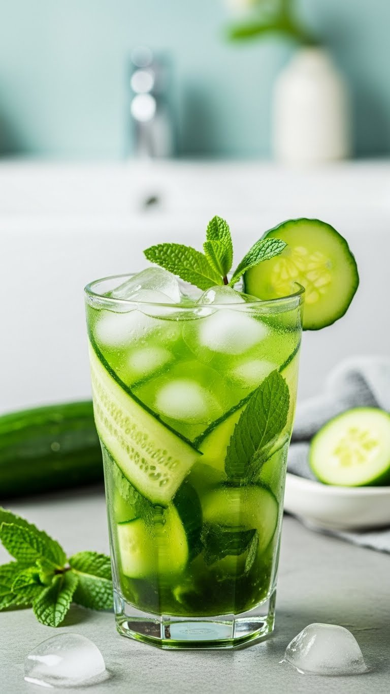 Cooling Cucumber Mint Matcha Refresher In Slender Glass With Cucumber Ribbons And Mint Leaves On Cool Stone Surface