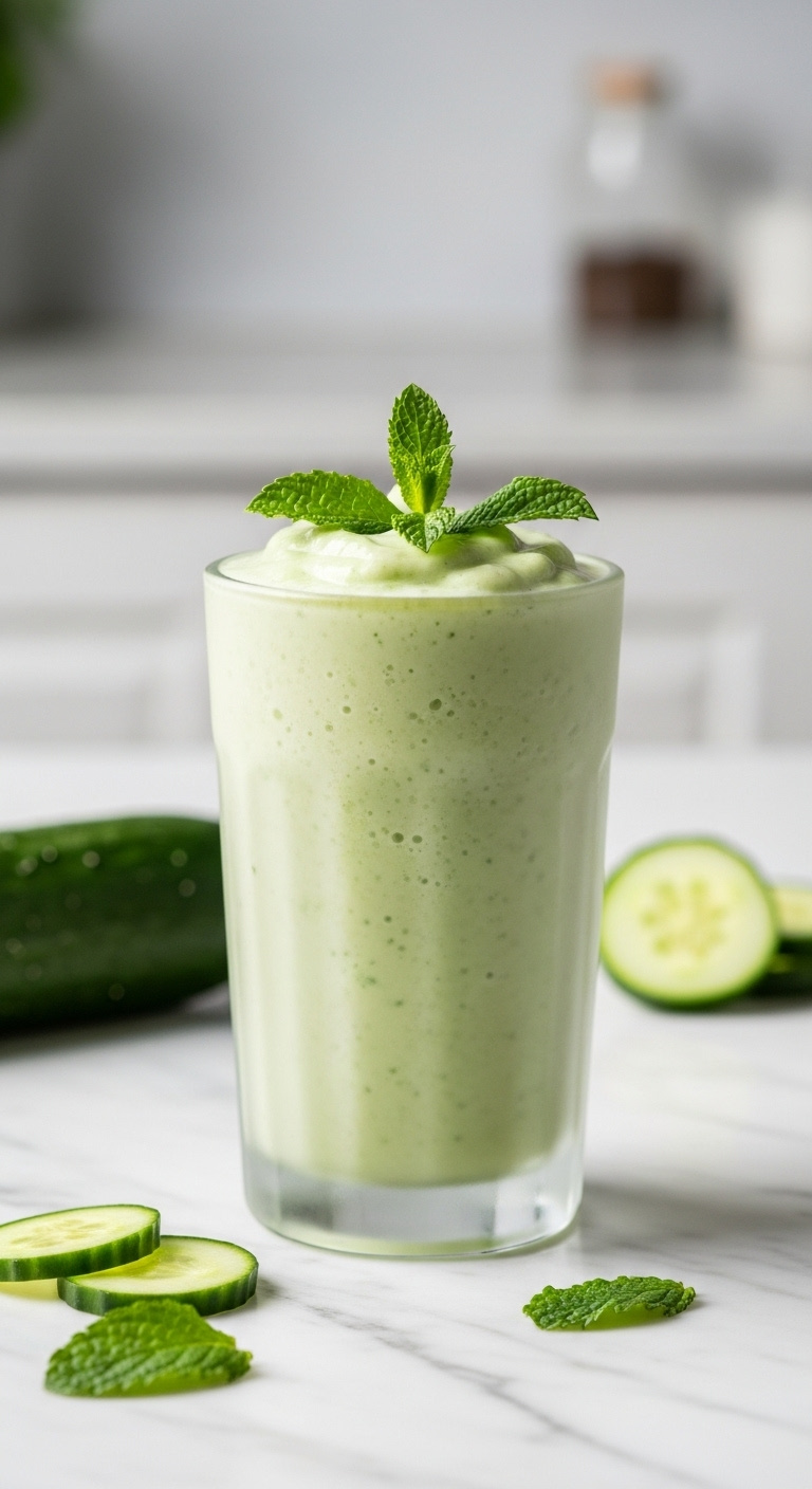 Cooling Cucumber Smoothie In A Frosted Glass With Mint Sprig On A White Marble Countertop With Bright Studio Light