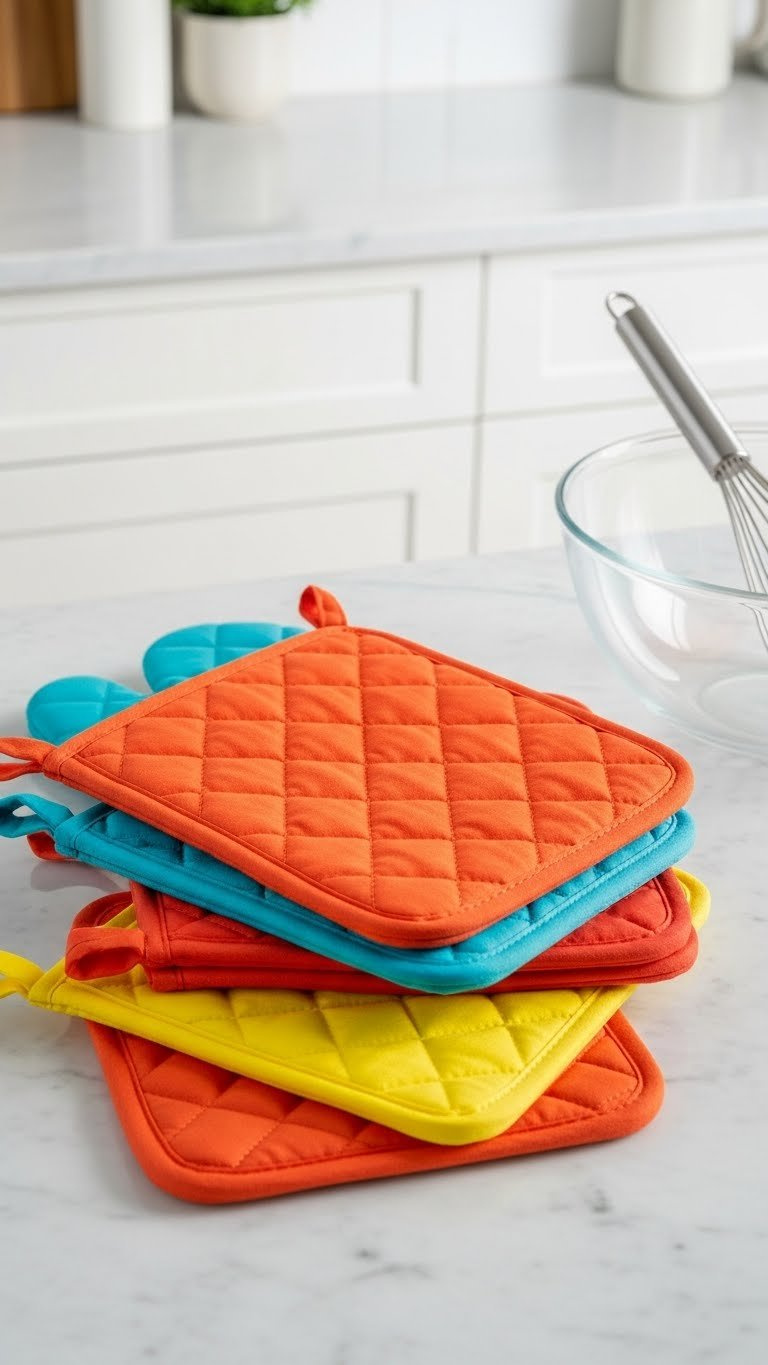 Coordinated Set Of Colorful Quilted Pot Holders And Oven Mitts Stacked Neatly On Clean Kitchen Counter