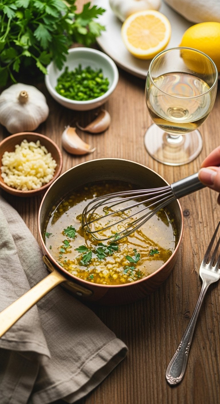 Copper Saucepan Filled With Melted Garlic Herb Butter Stirred By A Wire Whisk On A Rustic Wooden Table.