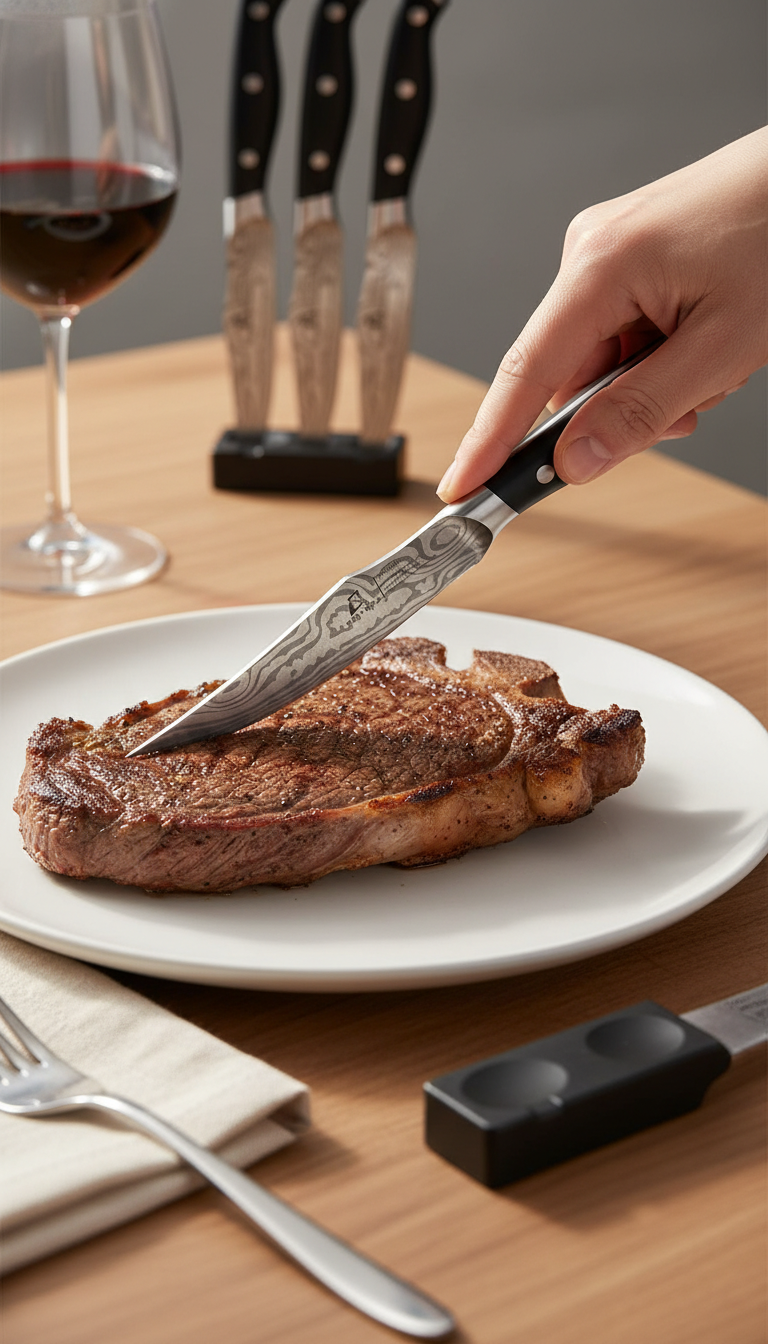 A Coquusaid Steak Knife Resting Next To A Perfectly Sliced Piece Of Ribeye Steak On A Wooden Cutting Board, Showcasing The Clean Cut.