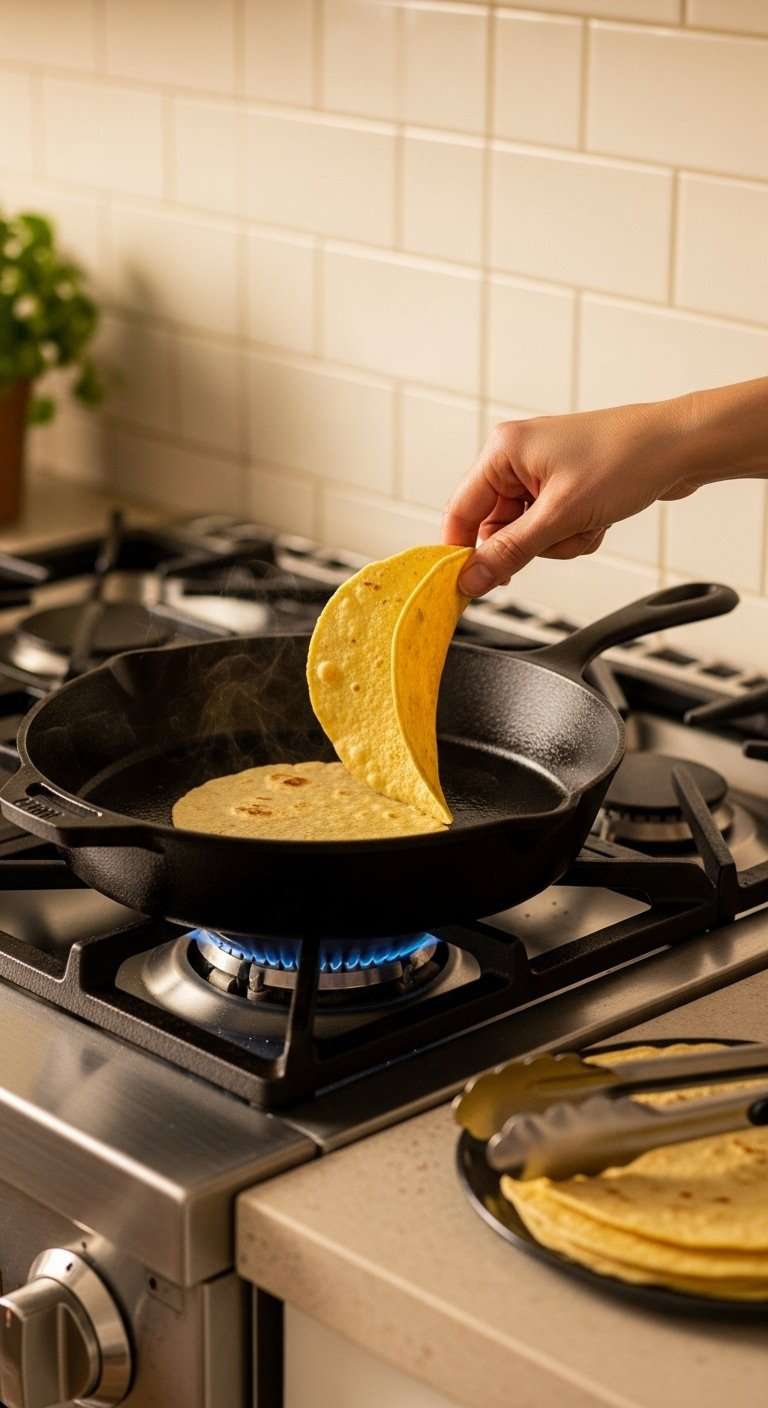 Corn Tortilla Frying Gently In A Black Cast Iron Skillet With Tongs Nearby On A Gas Stovetop.