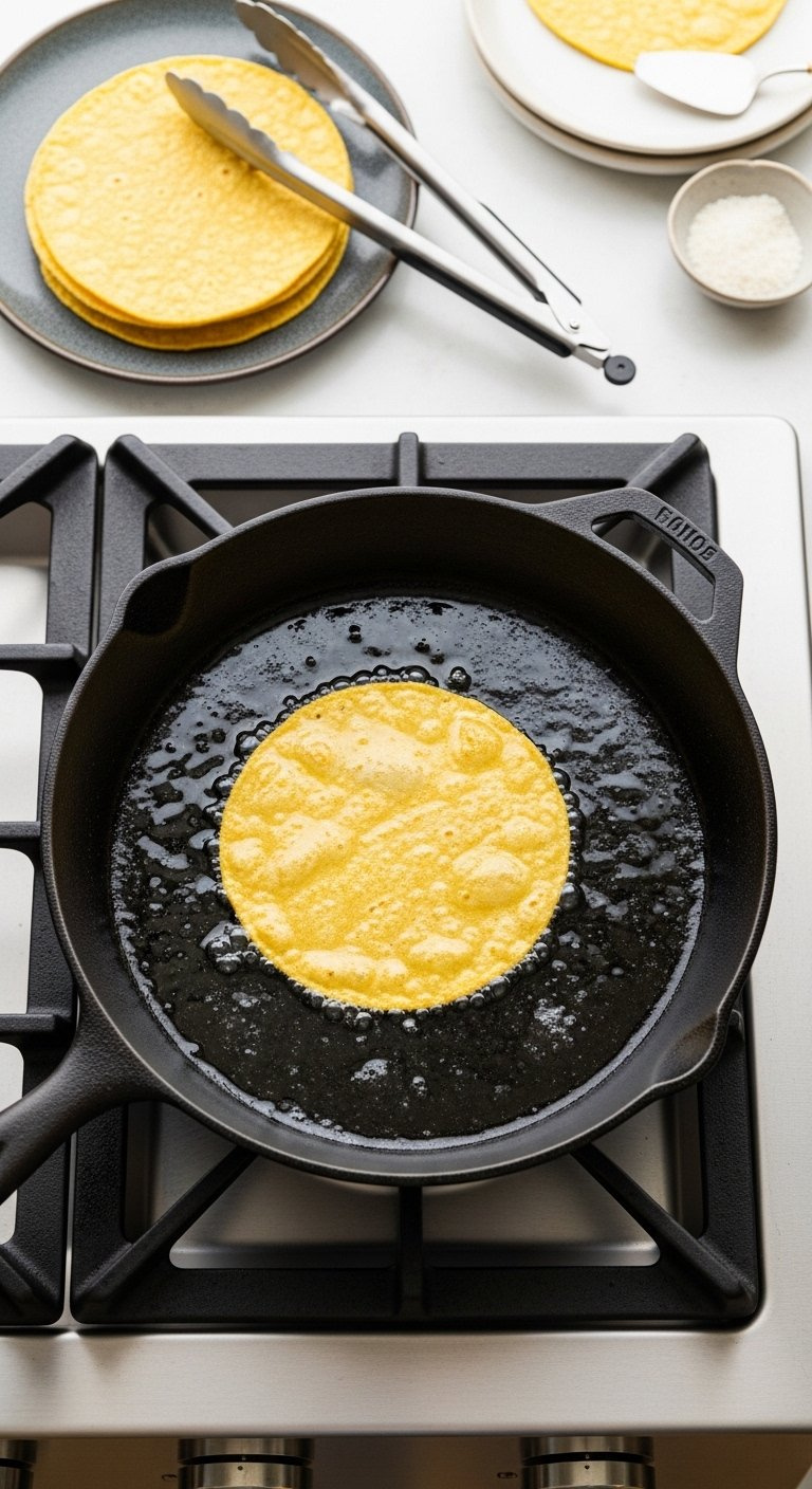 Corn Tortilla Frying In A Black Cast Iron Skillet With Shimmering Oil.