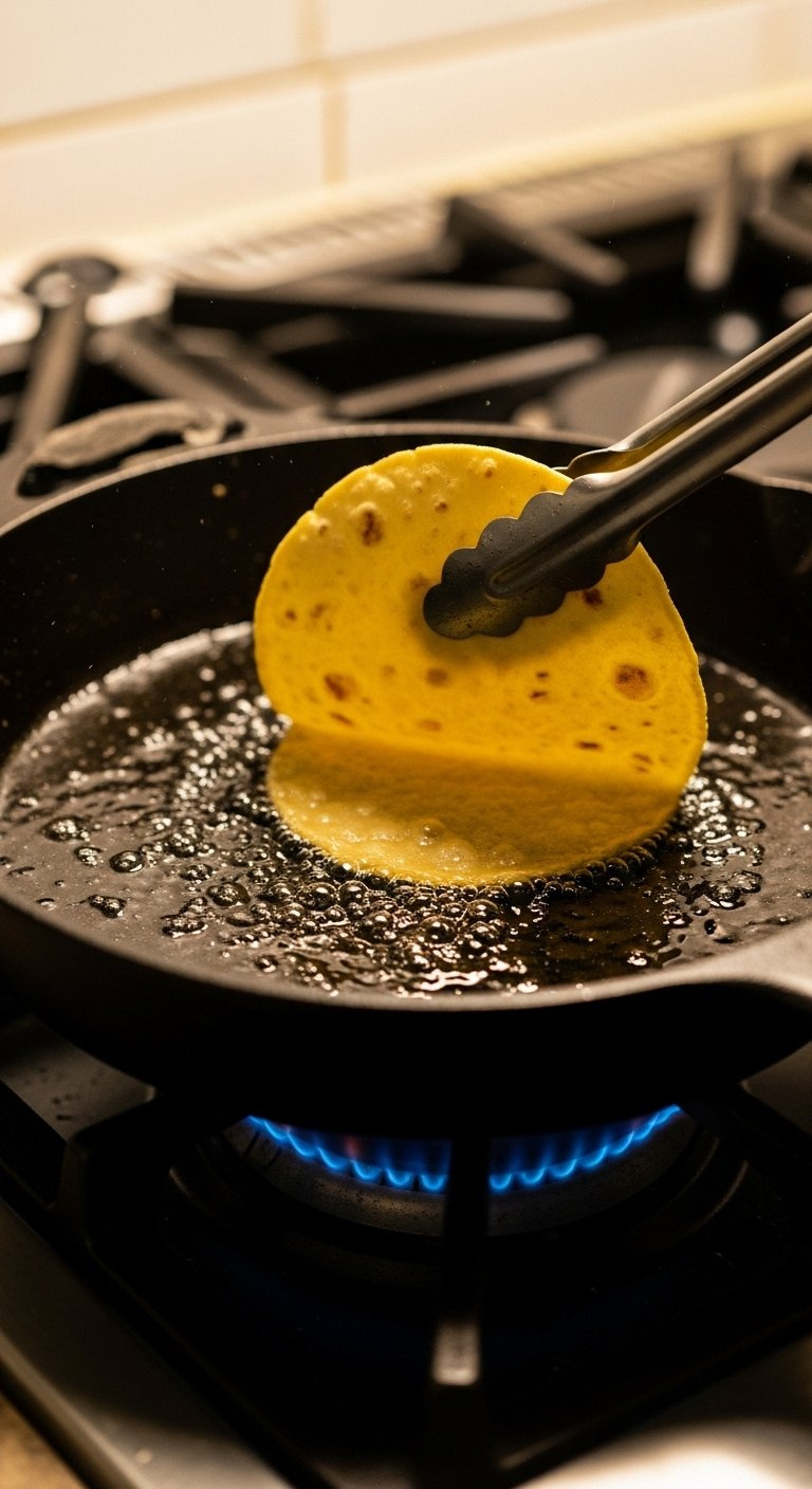 Corn Tortilla Frying In Shimmering Oil Inside A Black Cast Iron Skillet On A Gas Stovetop.