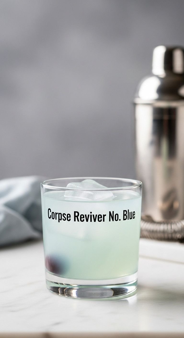 Corpse Reviver No Blue In A Nick Nora Glass With A Brandied Cherry On White Marble And A Blurred Shaker