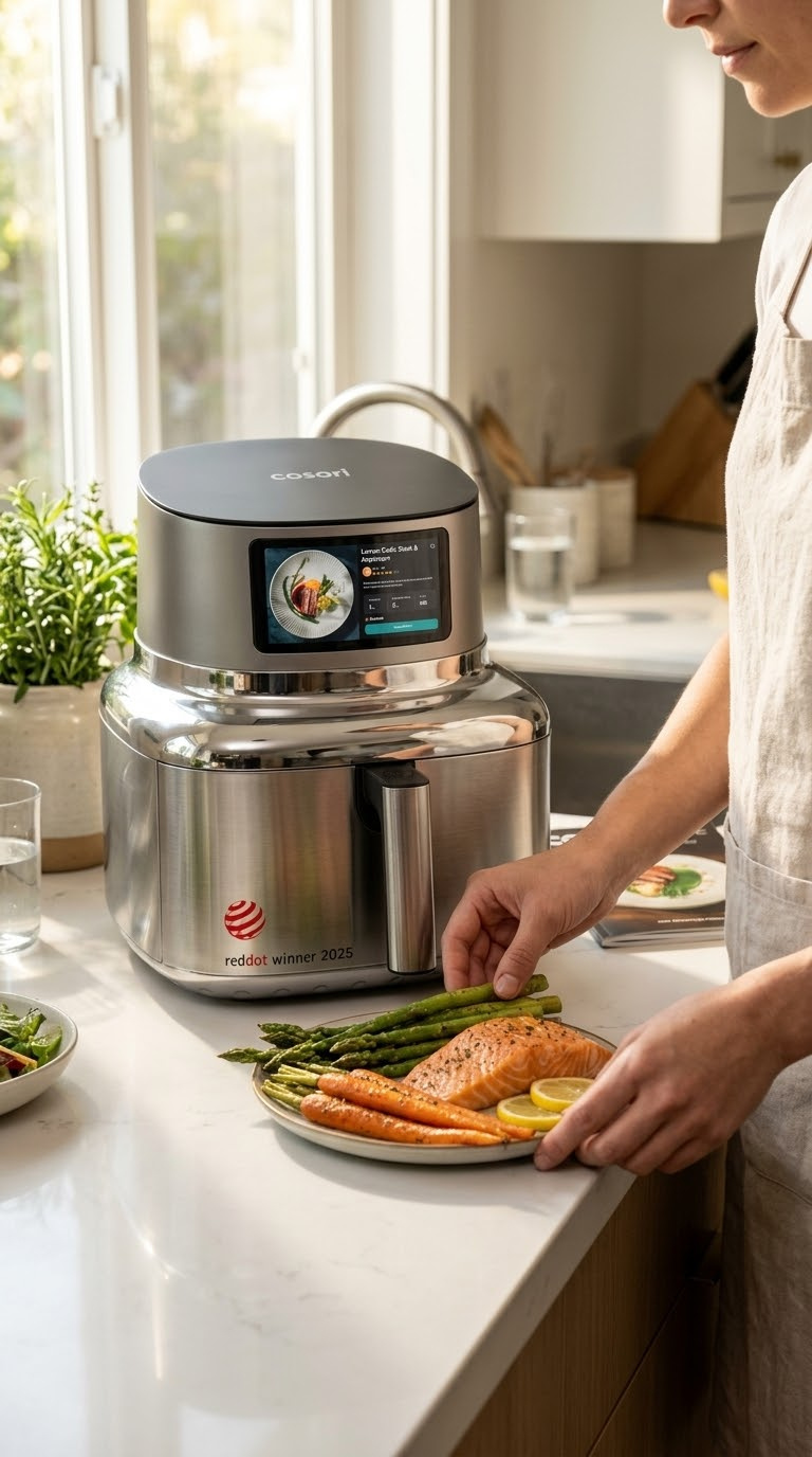 A Photo Showing The Cosori Iconic On A Kitchen Counter Next To A Plate Of Crispy Fries, A Notepad, And A Thermometer, Illustrating The Testing Environment.