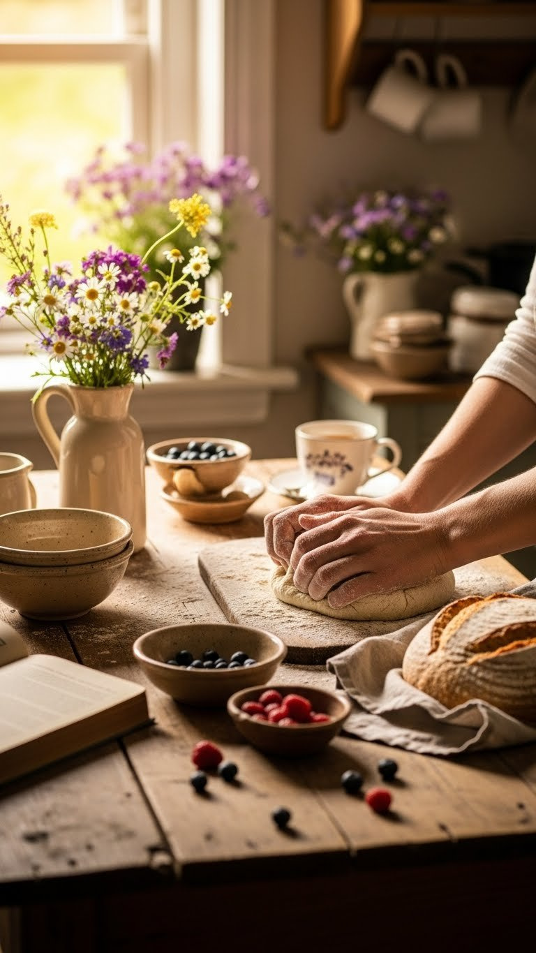 Cottagecore Baking Scene With Flour-Dusted Hands Kneading Dough On Rustic Wooden Farmhouse Table