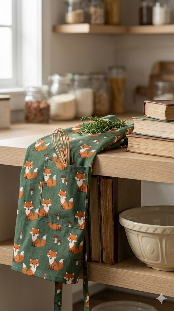 Cotton Apron With Fox And Mushroom Pattern Folded On Wooden Shelf Next To Recipe Books In Cozy Kitchen Setting.