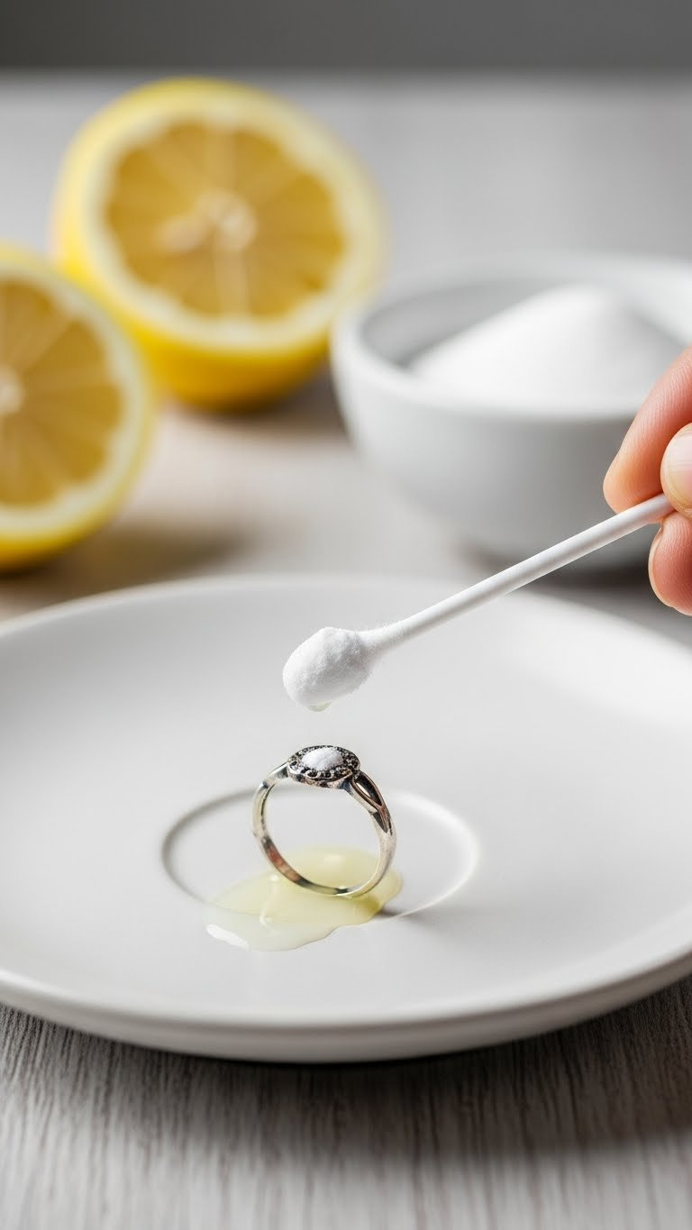 Cotton Swab Applying Baking Soda And Lemon Juice Paste To Tarnished Silver Ring On White Ceramic Plate With Lemon Wedge