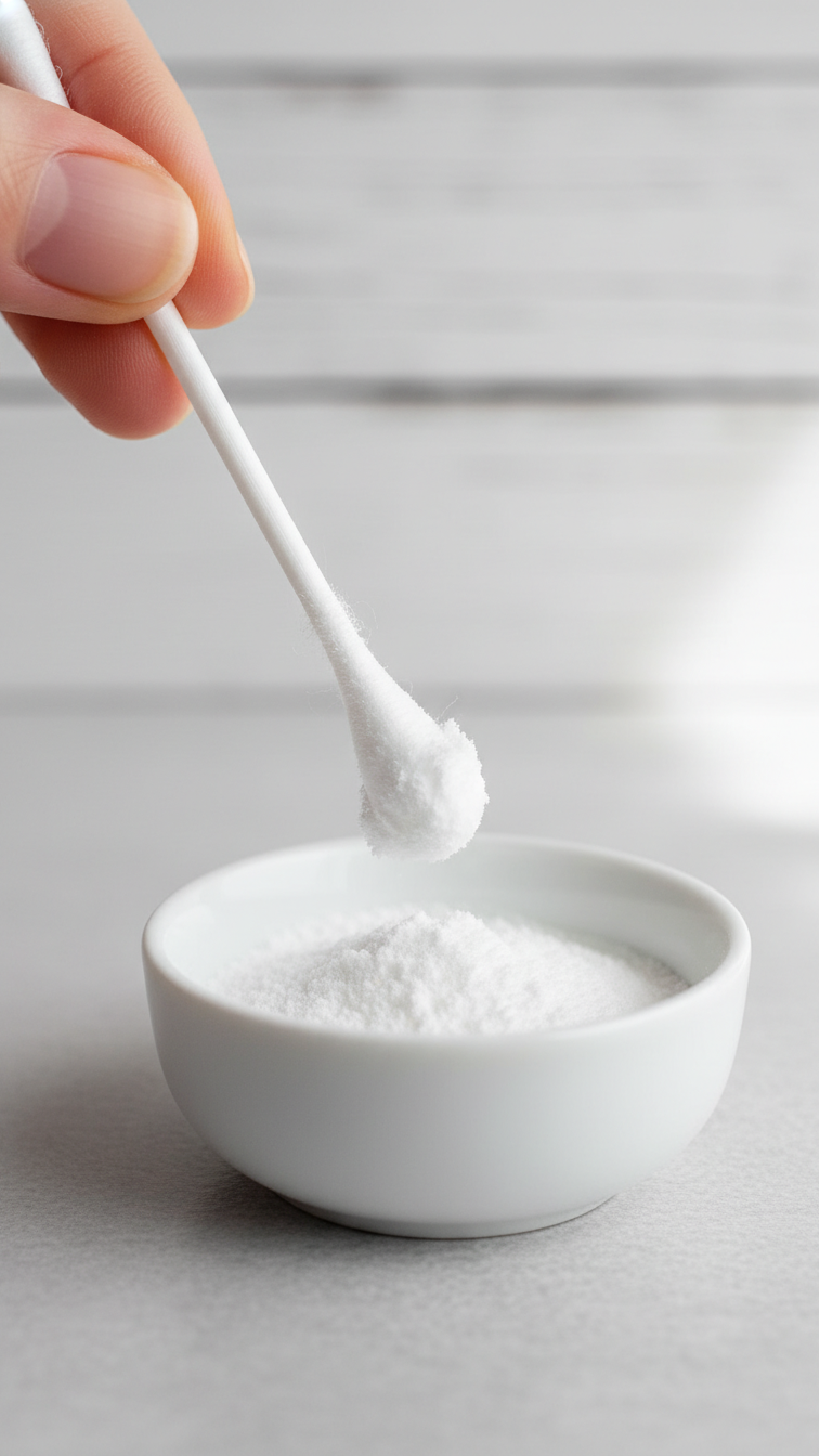 Cotton Swab Dipped Into Baking Soda Paste In Tiny Dish Against Neutral Gray Background