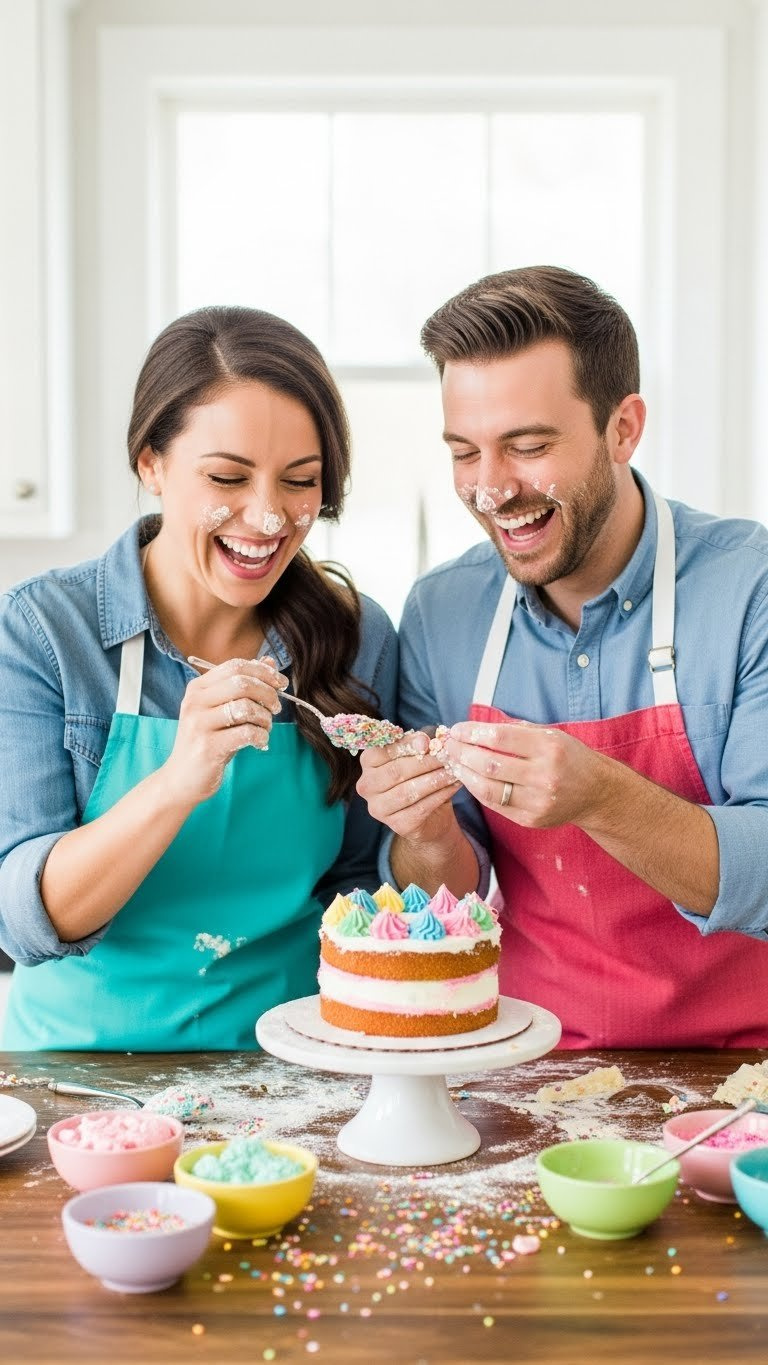 Couple Laughing While Decorating Comically Imperfect Two-Tier Cake During Fun Baking Challenge