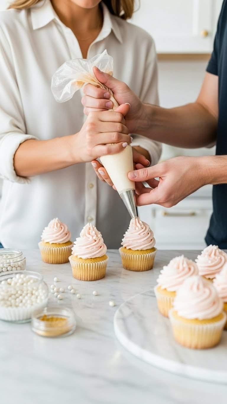 Couple Piping Buttercream Frosting Onto Cupcakes With Edible Pearls And Gold Dust On Marble Countertop