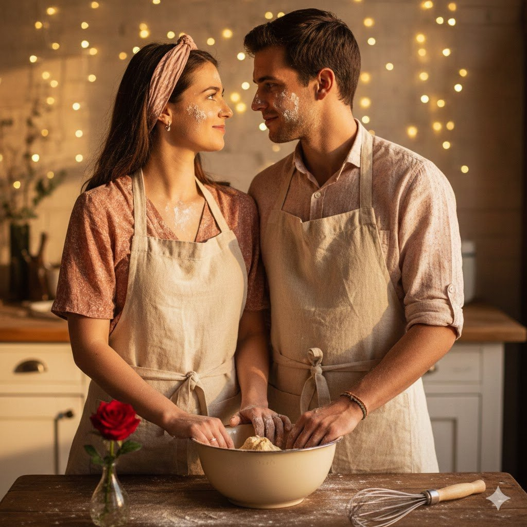 Couple Wearing Coordinated Baking Outfits With Flour Dusting While Baking Together