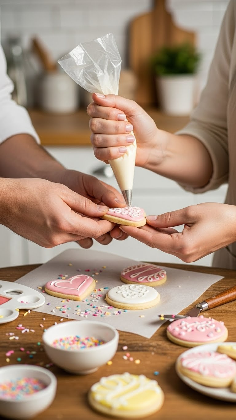 Couple's Hands Decorating Heart-Shaped Sugar Cookies With Royal Icing On Rustic Wooden Table With Sprinkles And Soft Bokeh Background