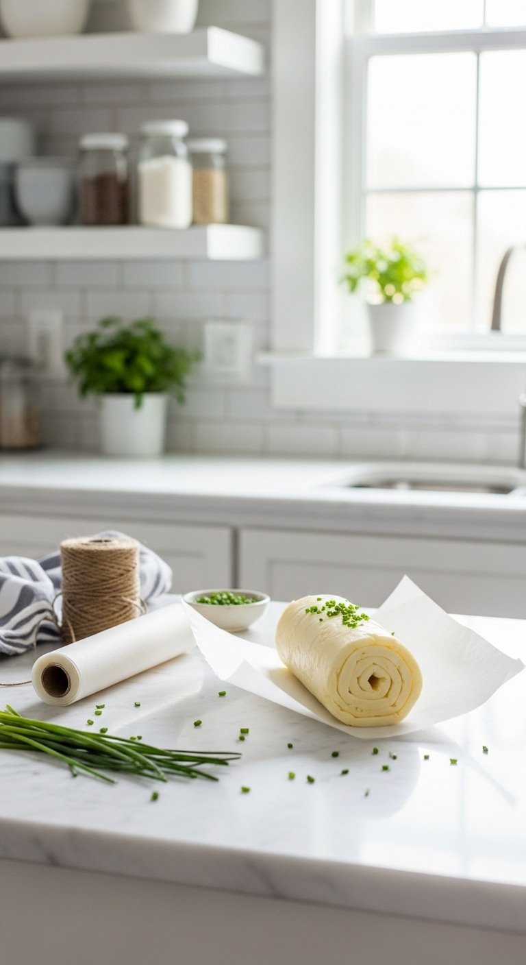 Cowboy Butter Log Rolled In Parchment Paper On A White Marble Kitchen Countertop.