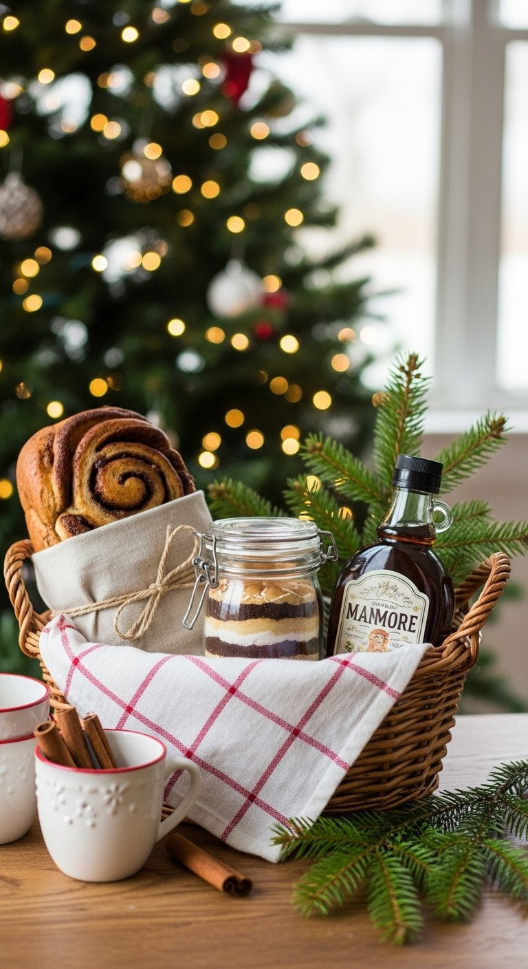 Cozy Christmas Breakfast Gift Basket With Cinnamon Swirl Bread, Pancake Mix, And Maple Syrup In A Red Checkered Basket.