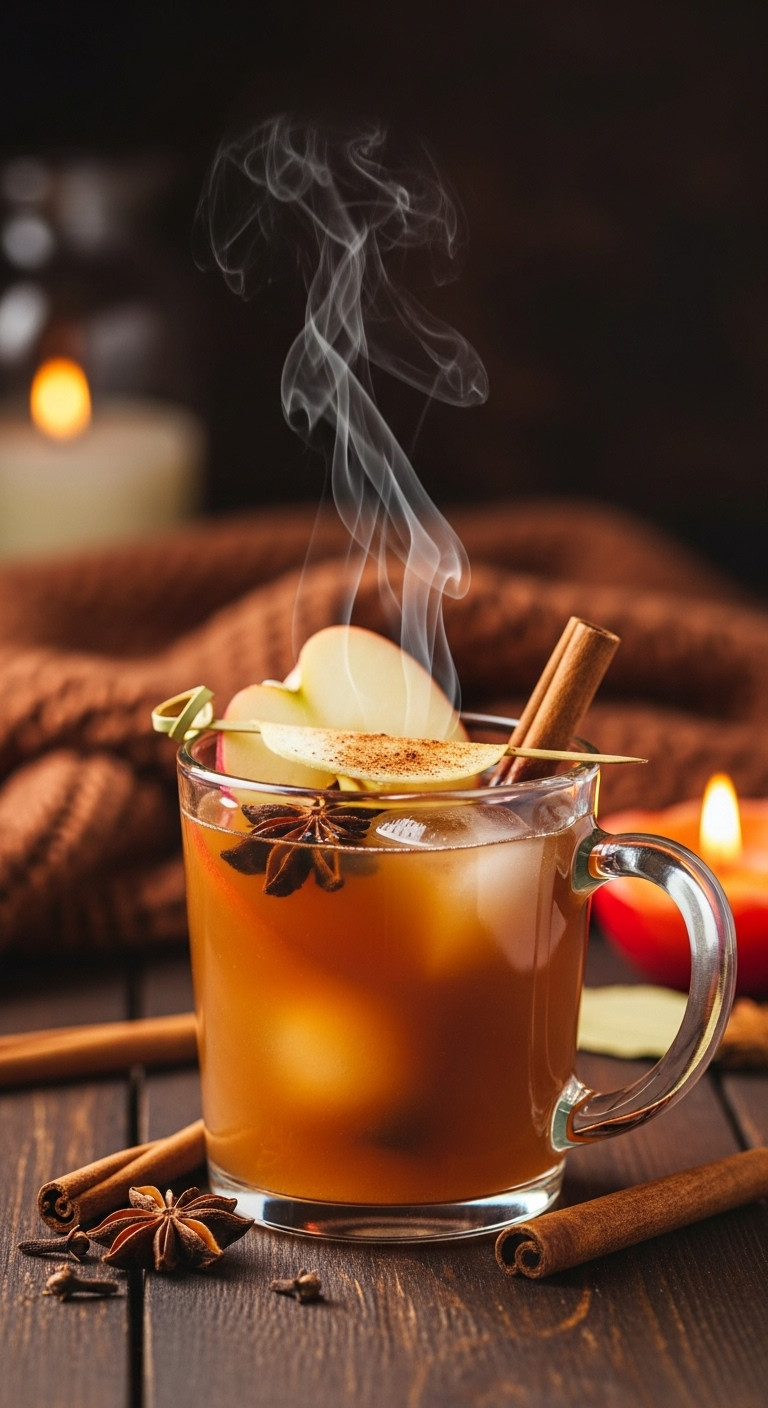 Cozy Cider Fall Fireball Cocktail In A Rustic Mug, Garnished With Cinnamon And Apple Slice, Steam Rising, Autumn Decor.