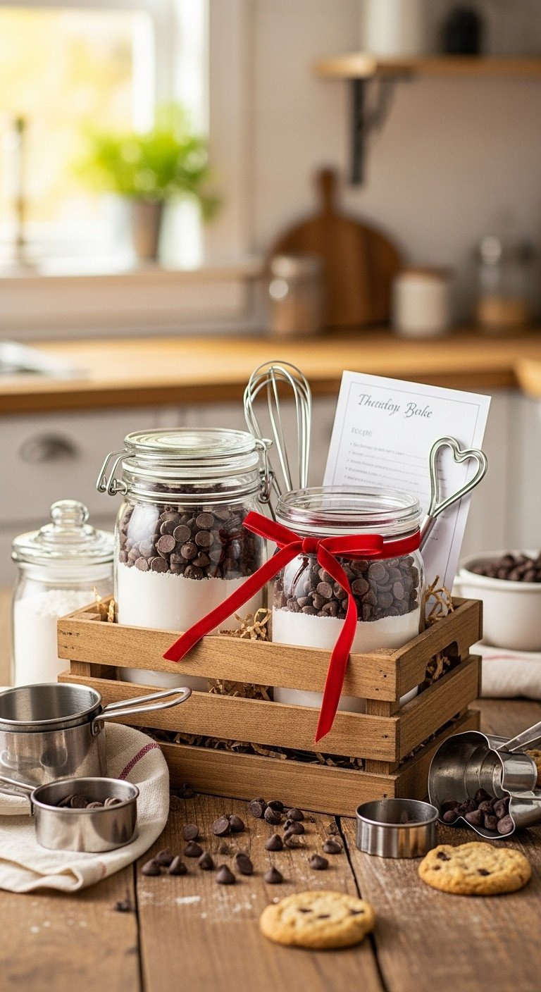 Cozy Diy Chocolate Chip Cookie Baking Kit In Rustic Crate, Layered Ingredients, Red Ribbon, Heart Whisk, Recipe Card On Wooden Table.