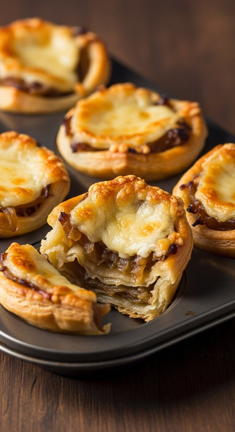 Cozy French Onion Soup Puff Pastry Bites With Melted Gruyère &Amp; Caramelized Onions. Savory Appetizer Recipe.