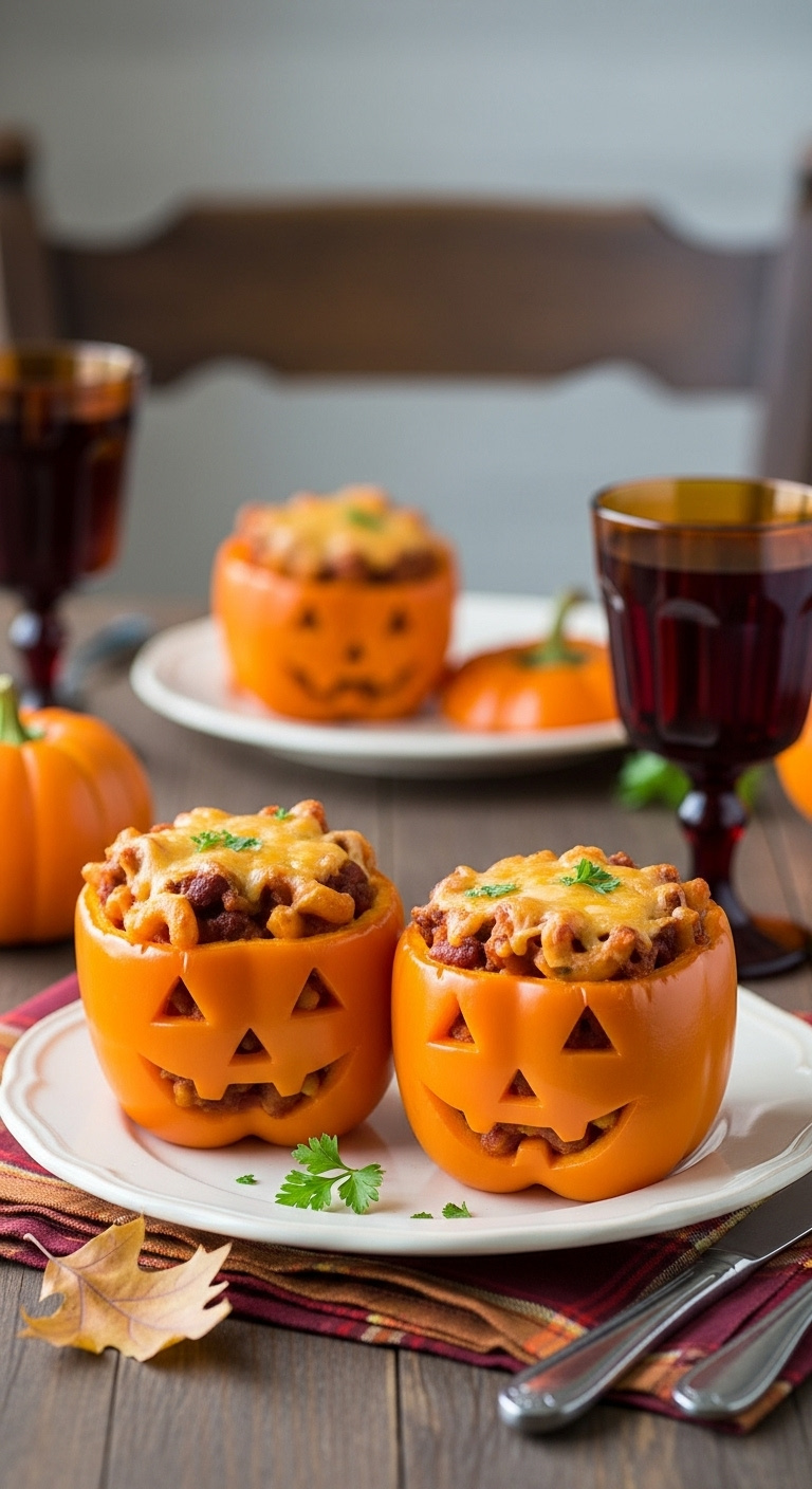 Cozy Halloween Jack-O'-Lantern Bell Peppers With Chili Mac &Amp; Melted Cheddar Cheese On A Rustic Autumn Table.