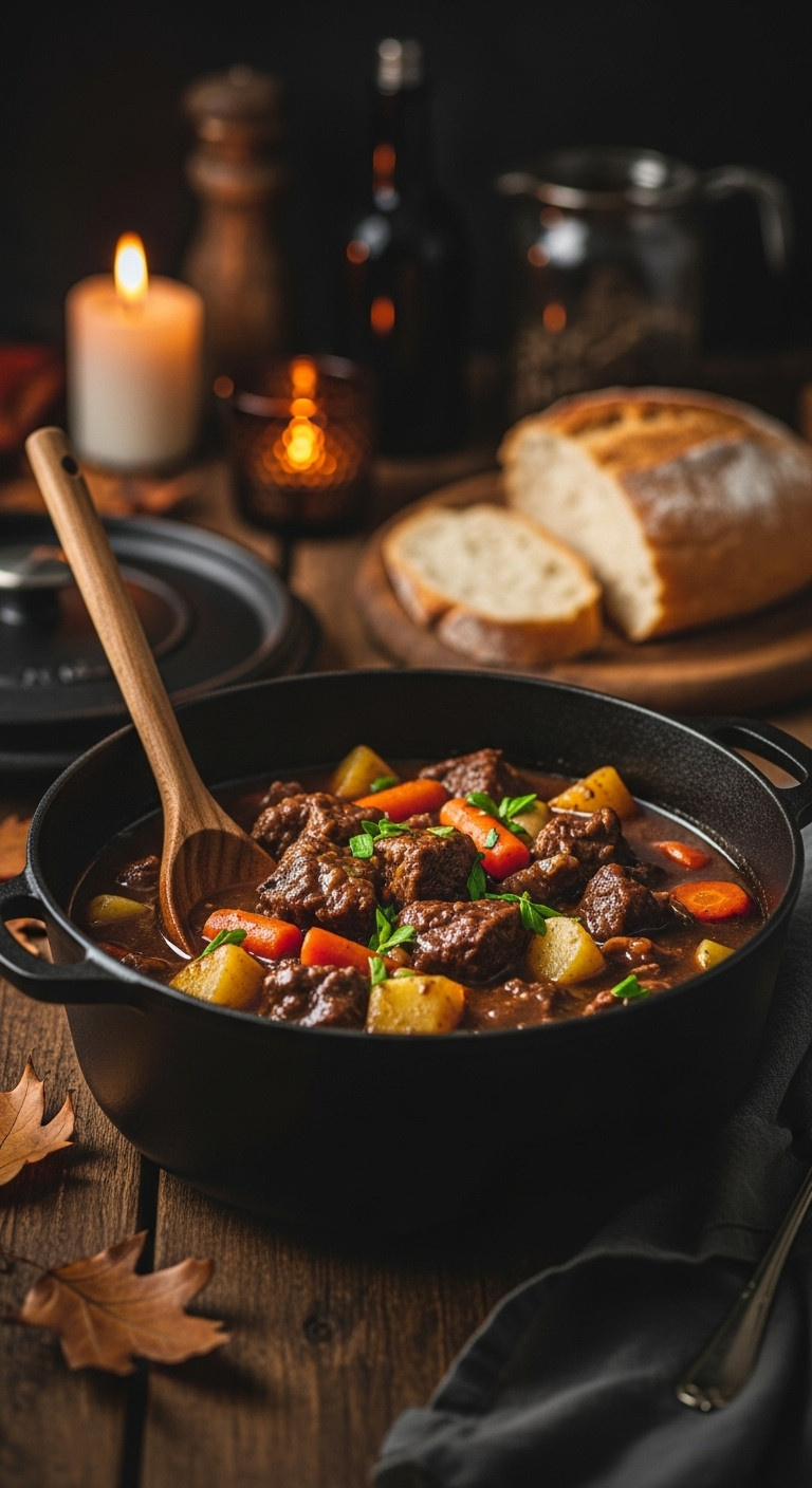 Cozy Halloween Night Dinner Witches Brew Stew In Black Cast Iron Cauldron With Bread And Flickering Candles