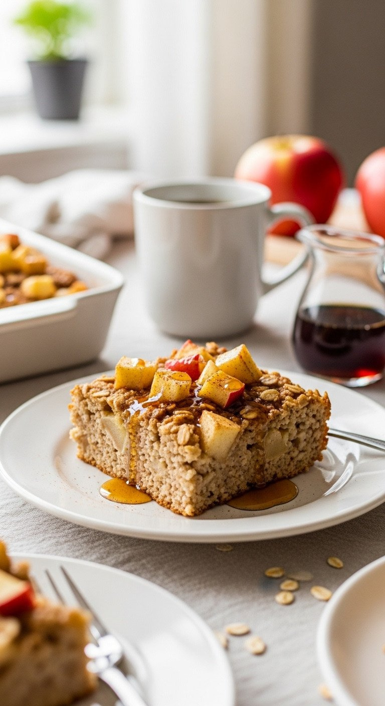 Cozy Apple Cinnamon Baked Oatmeal Slice With Rolled Oats, Tender Apple, Cinnamon, And Maple Syrup On A Ceramic Plate.
