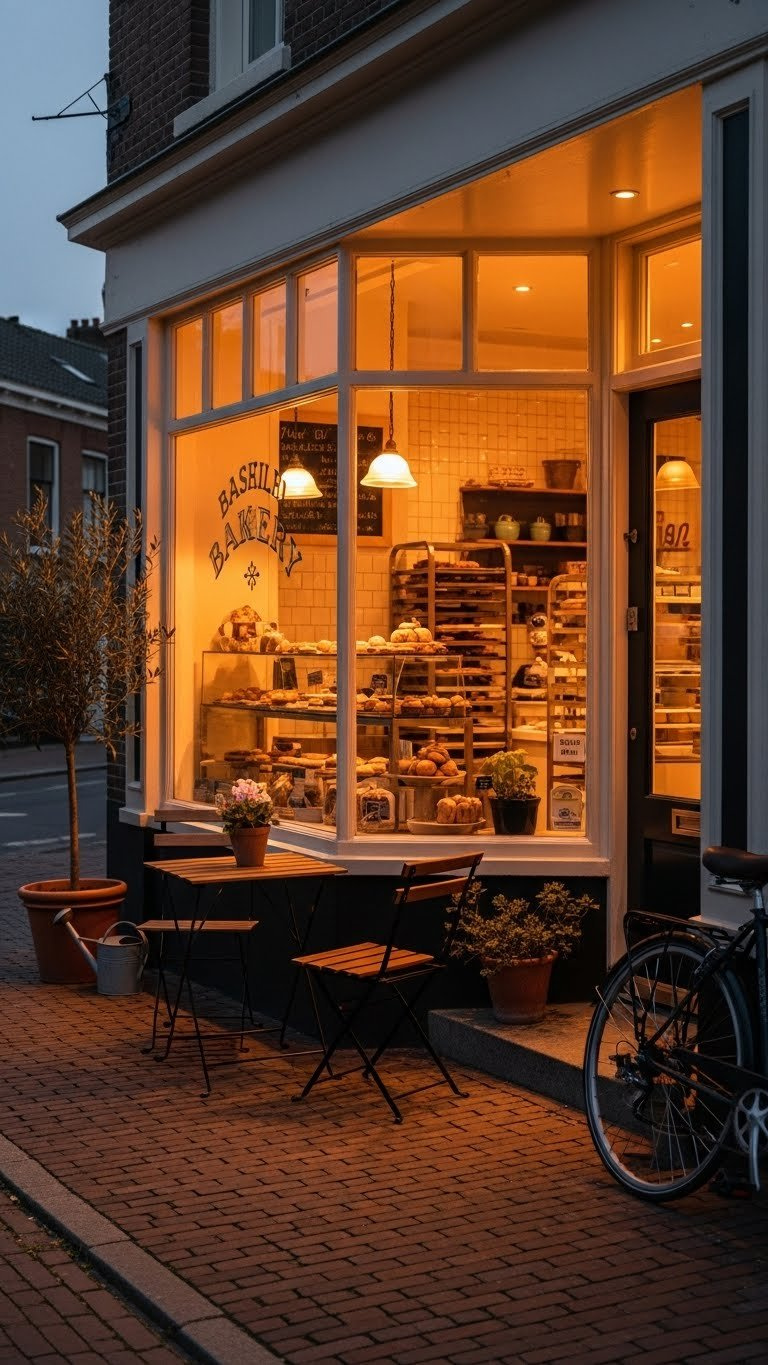 Cozy Bakery Storefront With Warm Interior Glow Showcasing Baked Goods Through Large Glass Window