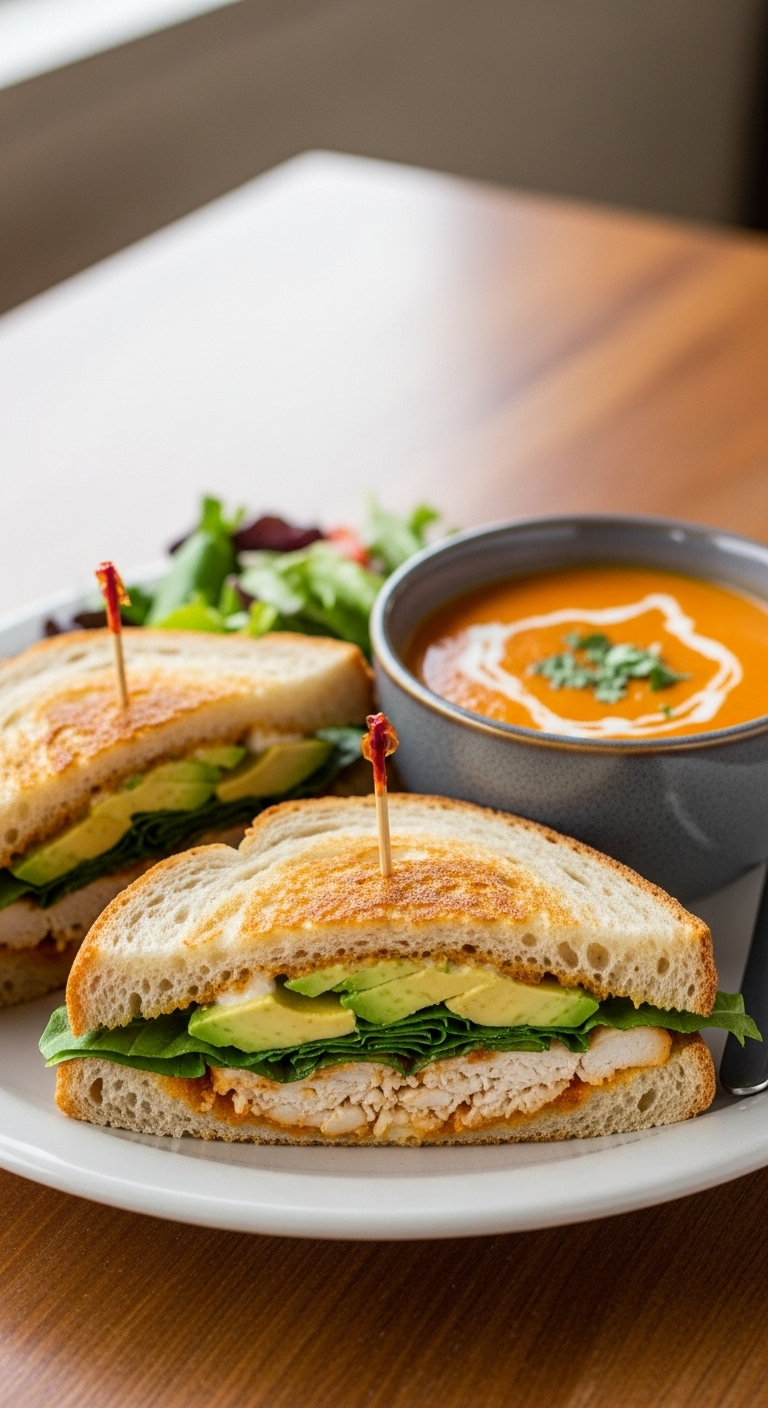 Cozy Cafe-Style Lunch With Half A Chipotle Chicken Avocado Melt Sandwich Plated Alongside A Rustic Bowl Of Creamy Tomato Soup And Fresh Greens On A Wooden Table For A Satisfying Meal