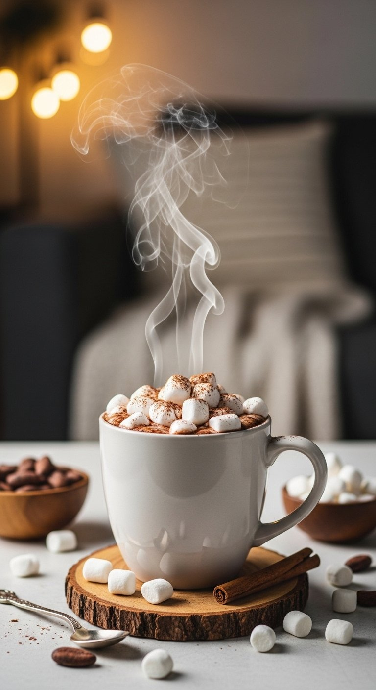 Cozy Ceramic Mug Filled With Hot Chocolate Coffee Hybrid Topped With Fluffy Mini Marshmallows And Cocoa Dust.