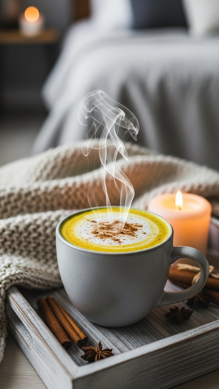 Cozy Ceramic Mug Of Golden Turmeric Latte With Frothy Milk And Cinnamon Dusting On Wooden Tray