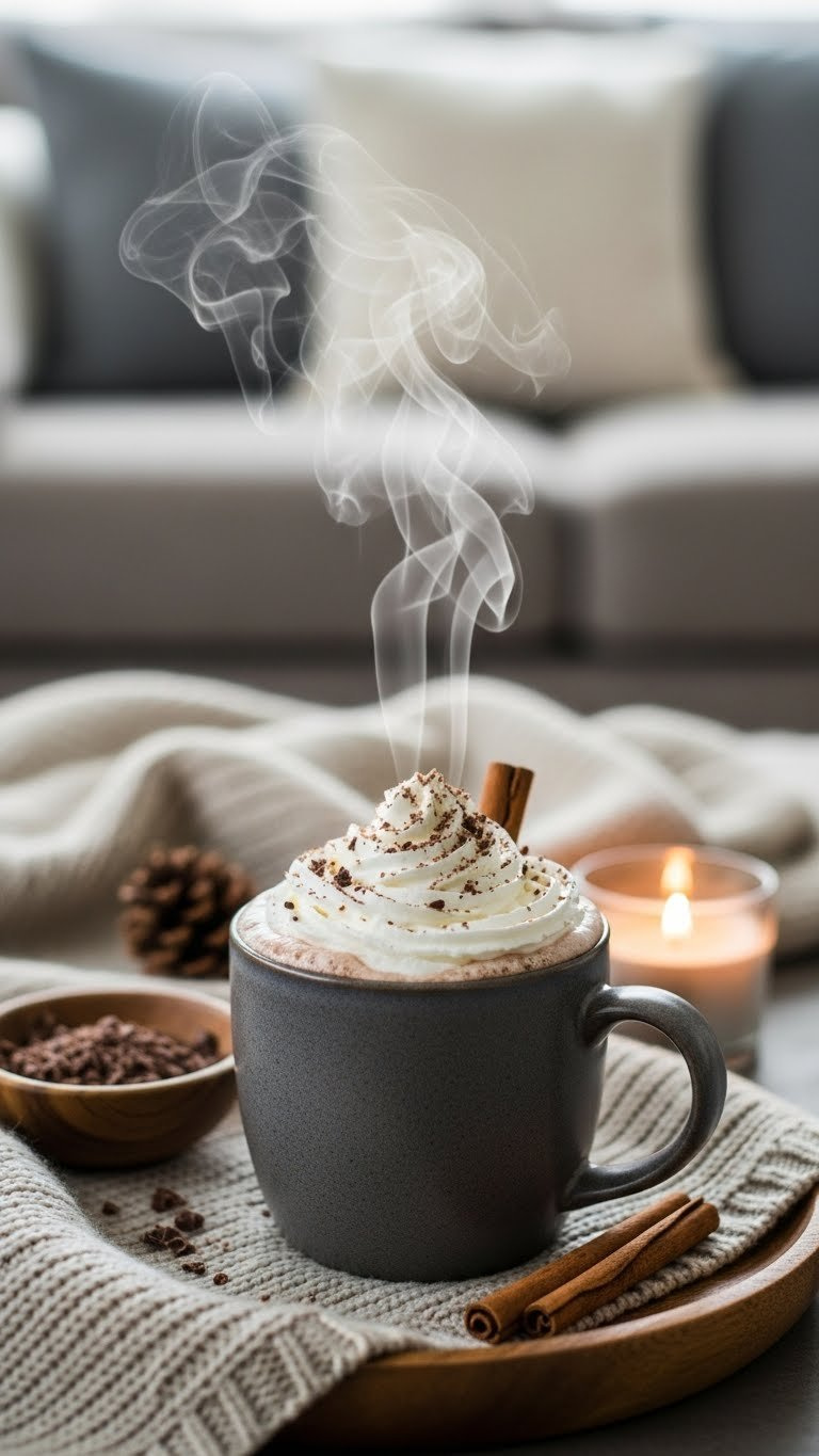 Cozy Ceramic Mug Of Sugar-Free Hot Chocolate With Whipped Cream And Chocolate Shavings On Knitted Fabric