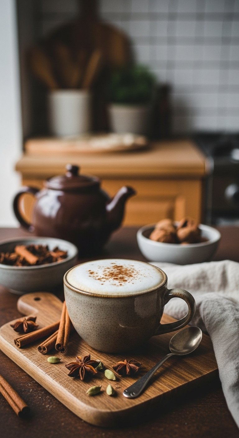 Cozy Chai Spice Latte With Frothed Milk And Cinnamon On A Cutting Board.