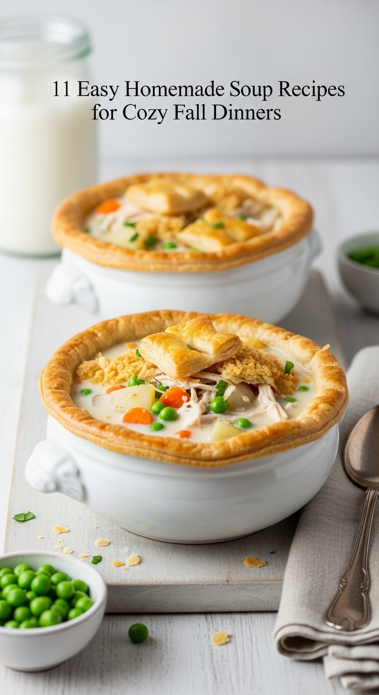 Cozy Chicken Pot Pie Soup With Chicken Peas Carrots Potatoes And Puff Pastry In A Soup Crock On A Wooden Surface