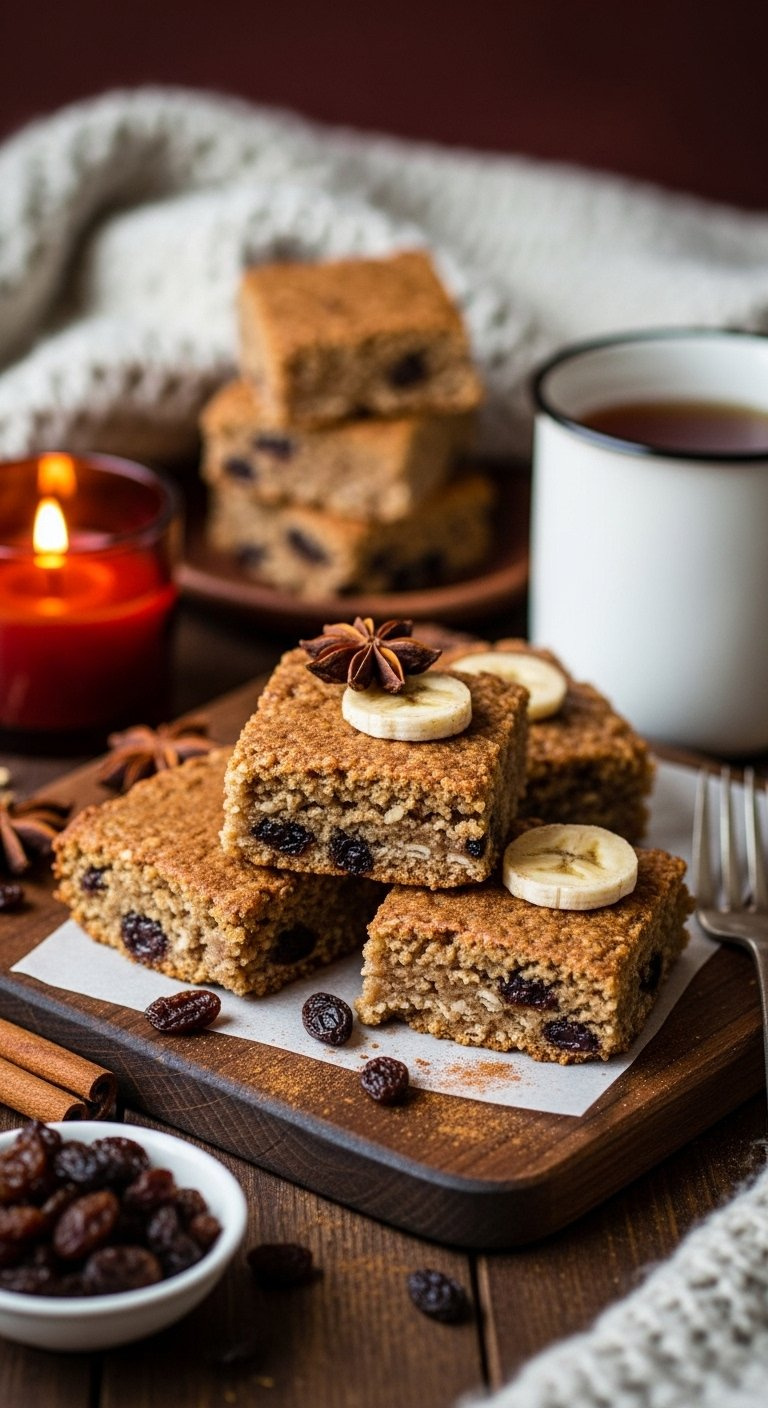 Cozy Cinnamon Raisin Banana Oat Bars On Dark Rustic Board With Steaming Tea And Cinnamon Stick Accents.
