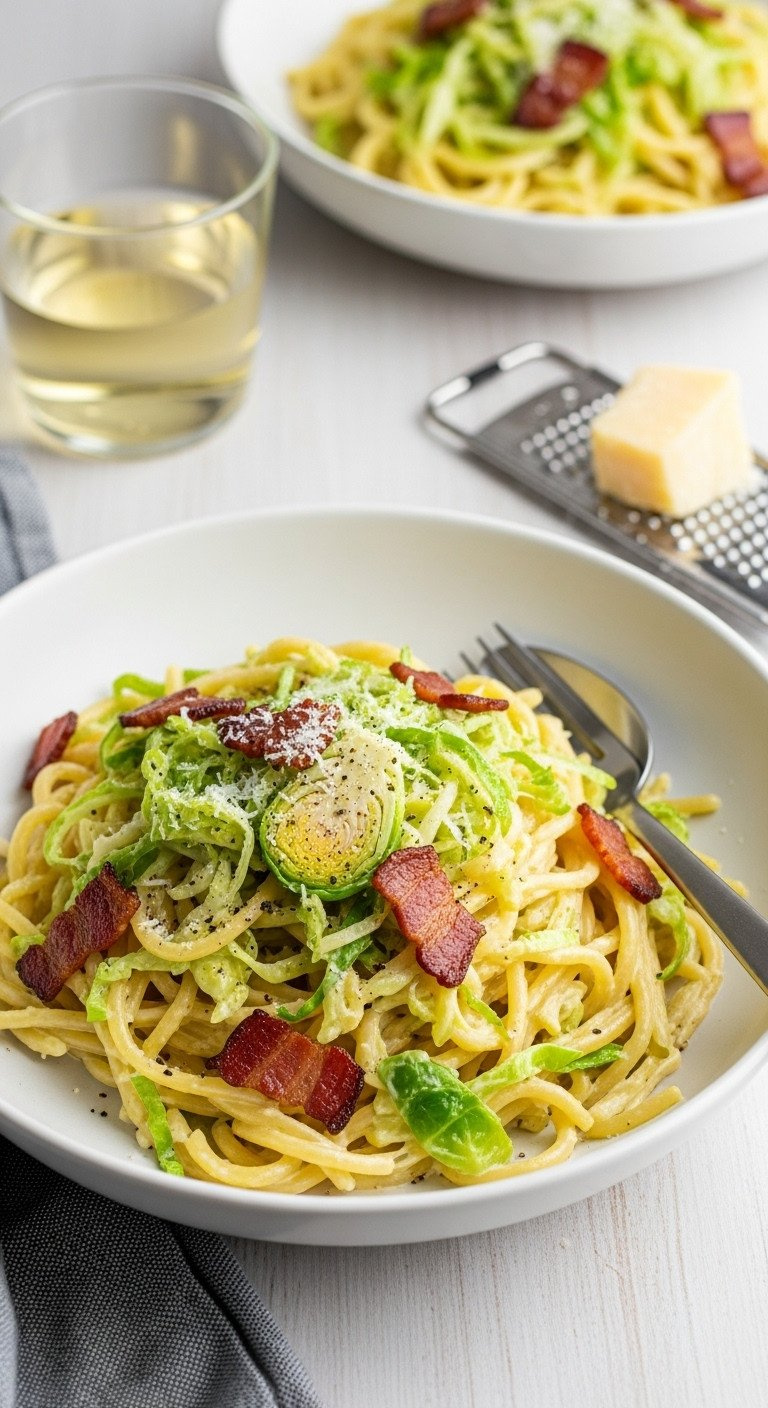 Cozy Creamy Pasta With Shredded Brussels Sprouts, Crispy Bacon, Parmesan, On Light Wood, With White Wine.