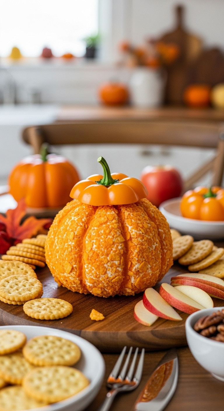 Cozy Fall Pumpkin Cheese Ball With Nacho Chip Coating &Amp; Bell Pepper Stem, On A Rustic Board With Crackers, Apples, Pecans.