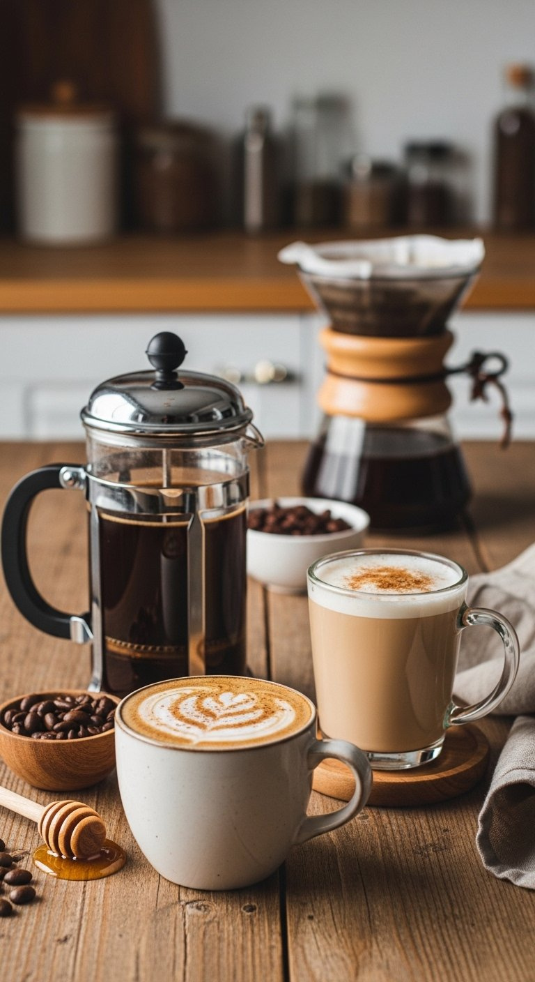 Cozy Homemade Honey Cinnamon Latte With Frothed Milk Served Alongside A French Press And Moka Pot On Wood.