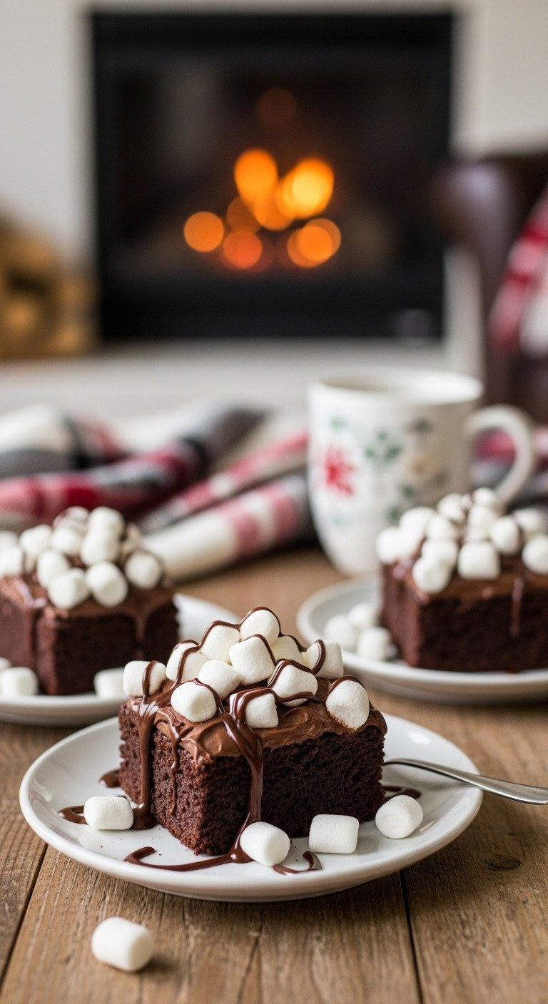 Cozy Hot Chocolate Brownies With Mini Marshmallows And Chocolate Drizzle On A Table In Front Of A Warm Fireplace.