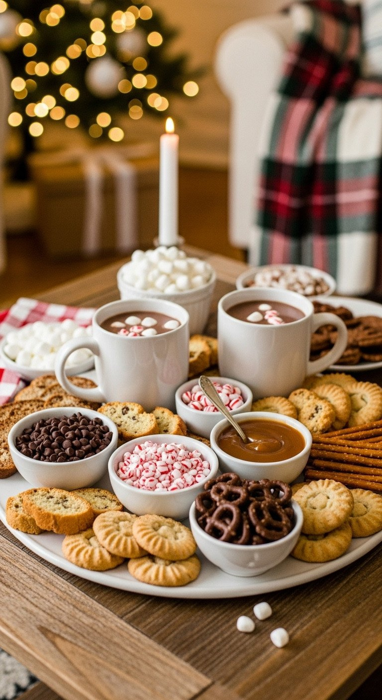 Cozy Hot Chocolate Dessert Board With Cocoa Mugs, Marshmallows, Chocolate, Peppermint, Cookies, And Pretzels.
