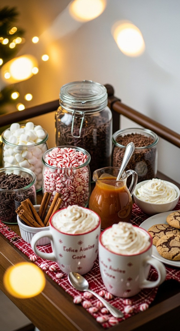 Cozy Hot Cocoa Bar With Festive Mugs Topped With Whipped Cream And Glass Jars Of Marshmallows, Chocolate, And Peppermint.