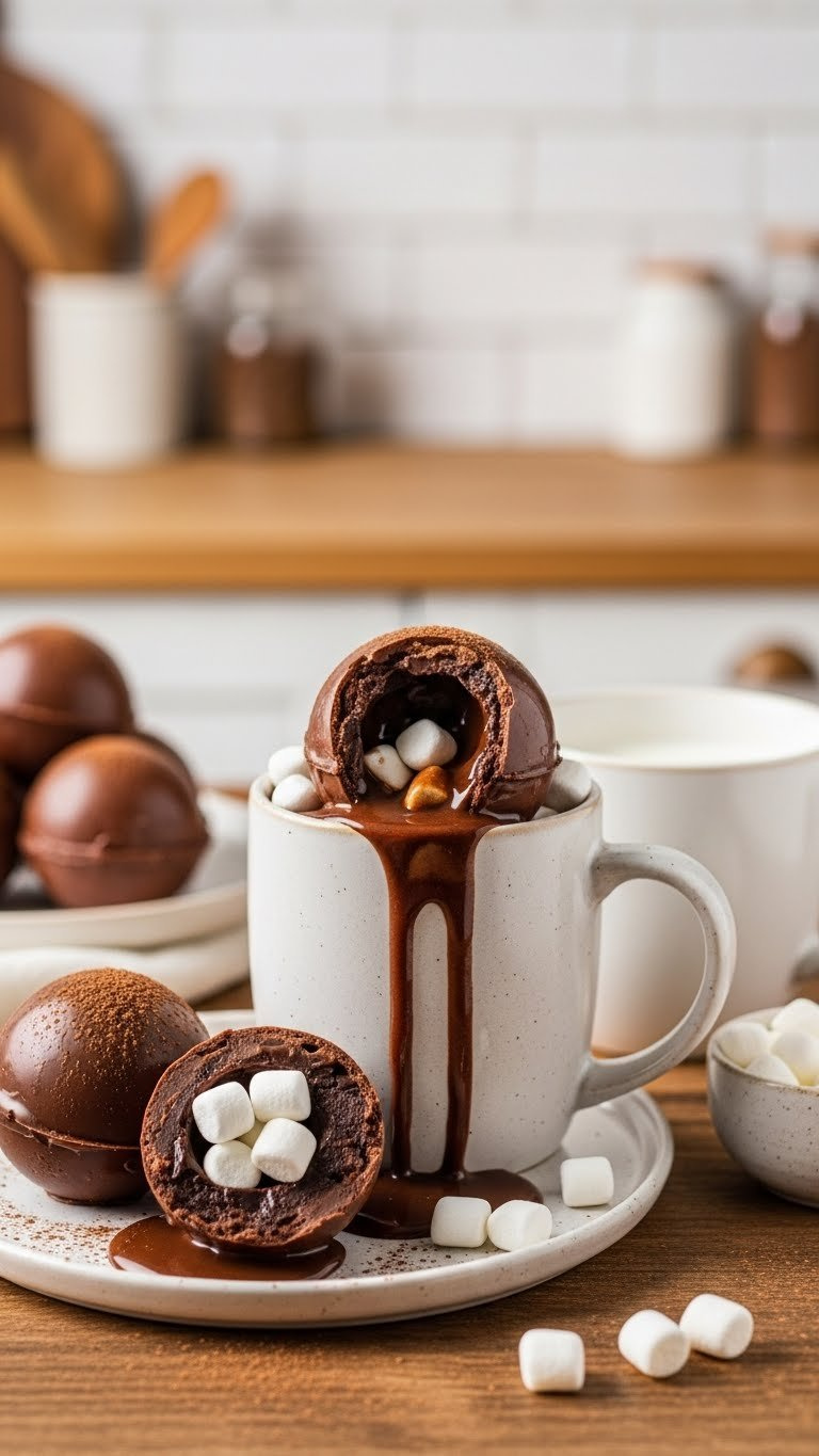 Cozy Hot Cocoa Bombs Melting In Mug With Mini Marshmallows On Rustic Wooden Table In Warm Golden Light